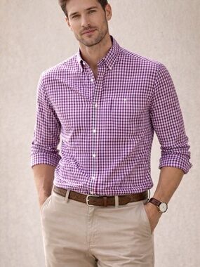 Banana Republic Grant Fit Button-Down Check Shirt Purple White Men’s Size M